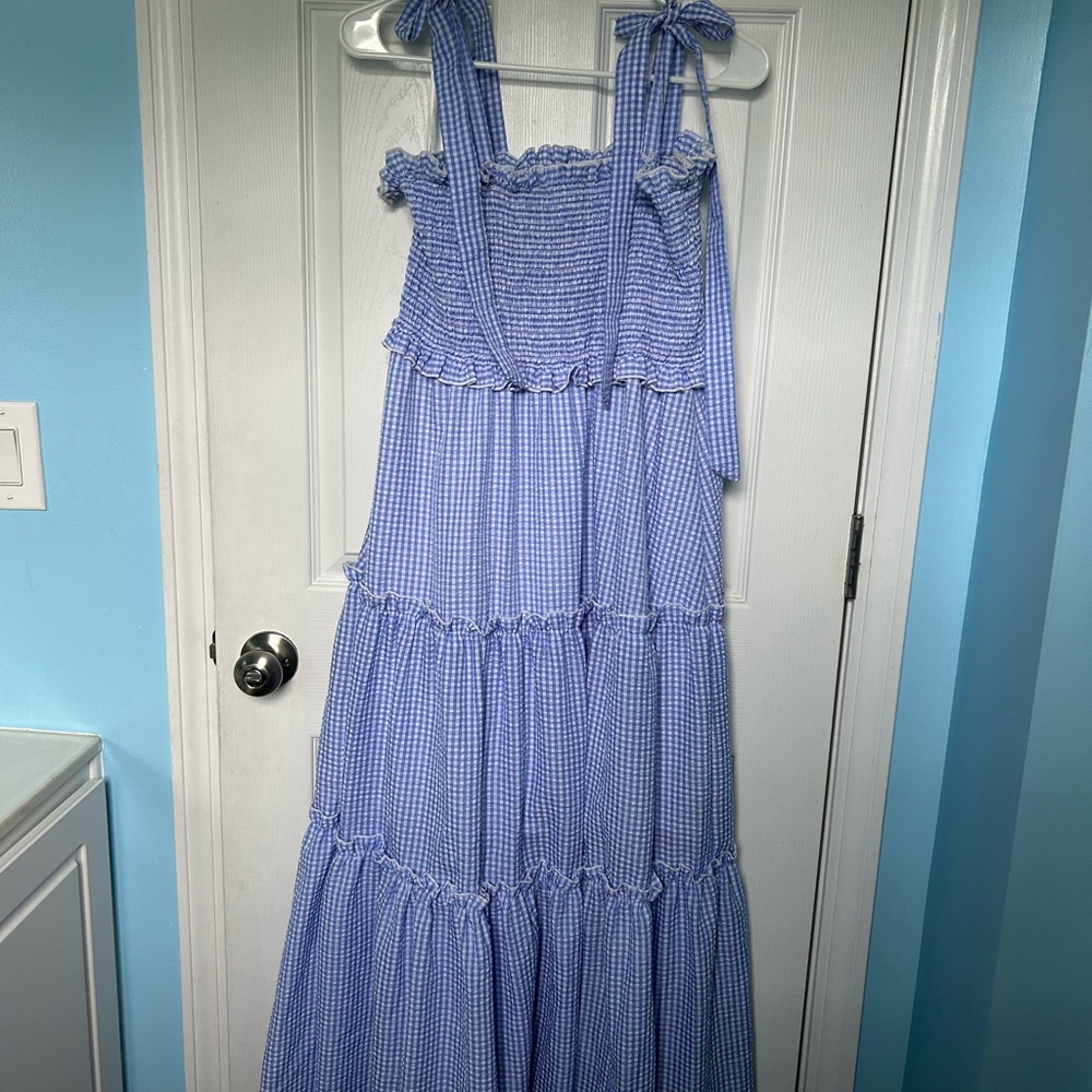 Blue Gingham Tie-Strap Tiered Maxi Dress